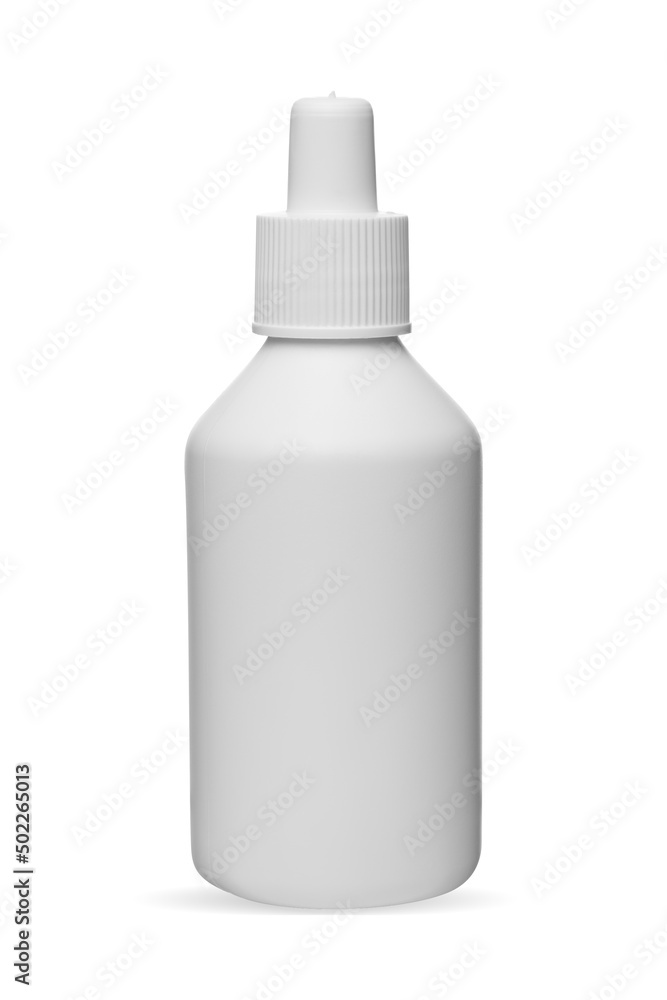 Mock up plastic bottle for hydrogen peroxide isolated on white background with copy space, medicine liquid container or tube with shadow Mock up plastic bottle for hydrogen peroxide isolated on white background with copy space, medicine liquid container or tube with shadow