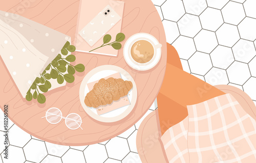 Top view of cafe table with female legs, eucalyptus bouquet, croissant, glasses, phone and coffee. Coffee shop with trendy style interior aesthetic. Stylish lifestyle. Isolated vector illustration