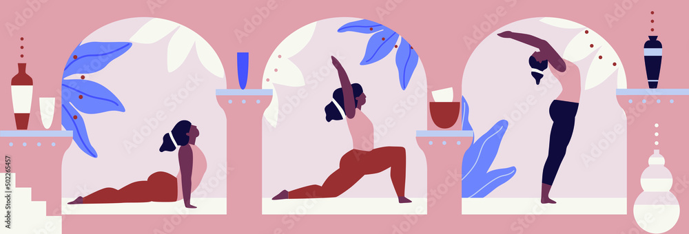 Attractive flexible dark-skinned female doing yoga, standing on floor in warrior 1 pose.Woman exercising yoga vector illustration. Yogis in poses, woman practicing asana texture. Relaxing environment.