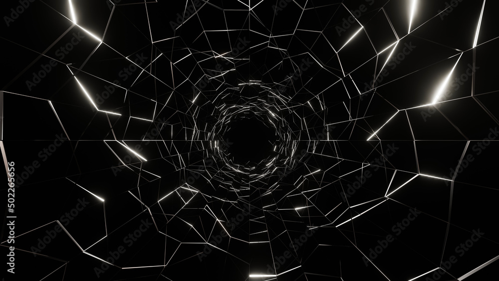 Fototapeta premium 3D Rendering. Flight in abstract sci-fi tunnel. Futuristic motion graphics, high tech background. Time warp portal, lightspeed hyperspace concept. Glowing hi tech texture. Cyberpunk