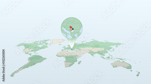 World map in perspective showing the location of the country Serbia with detailed map with flag of Serbia.
