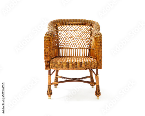 Vászonkép Vintage wicker chair on white background