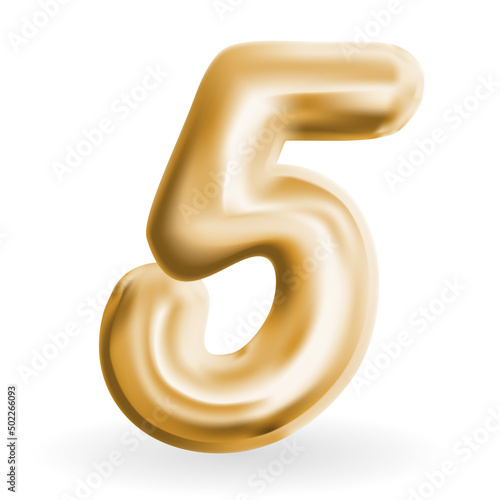 Golden Volumetric 3D Text Balloons Lettering 5 Isolated on White. Vector Illu...