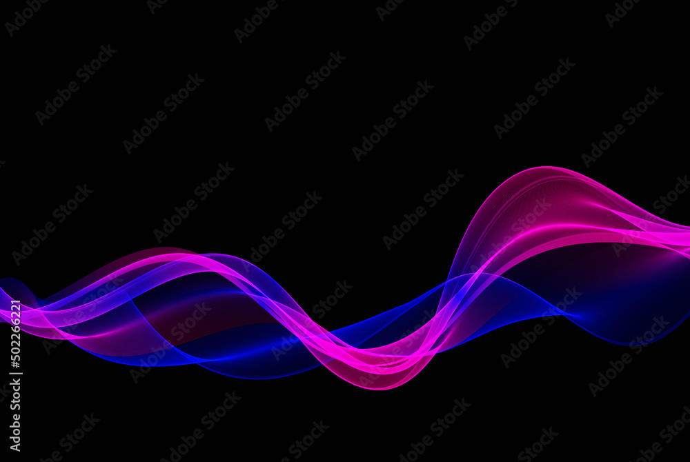 Fototapeta premium Movement of blue and magenta horizontal lines of a transparent wave on a dark background