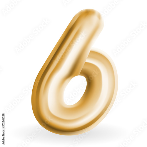 Golden Volumetric 3D Text Balloons Lettering 6 Isolated on White. Vector Illu...
