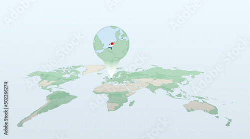 World map in perspective showing the location of the country Netherlands with detailed map with flag of Netherlands.