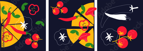 Abstract Pizza and vegetables set. Italian Pizza on black background cartoon illustration. Vector. Funny colored typography poster, advertising, packaging print design, restaurant menu decoration.