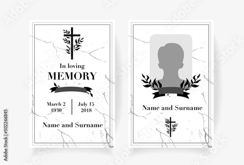 Funeral card template design with branches place under photo cross name and dates of death. Vector illustration in black and white