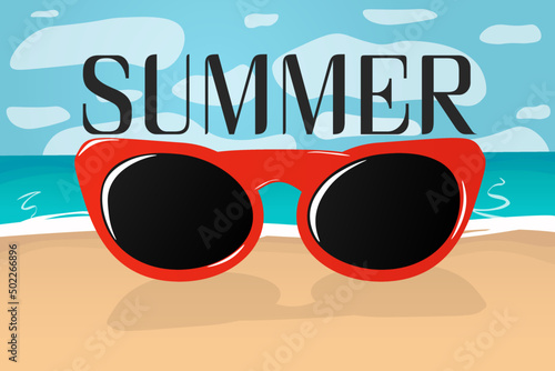 Seashore top view, summer with sand, sea water and sunglasses background. Vector illustration
