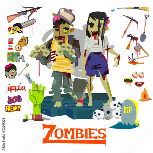 zombie couple collection with spooky icon