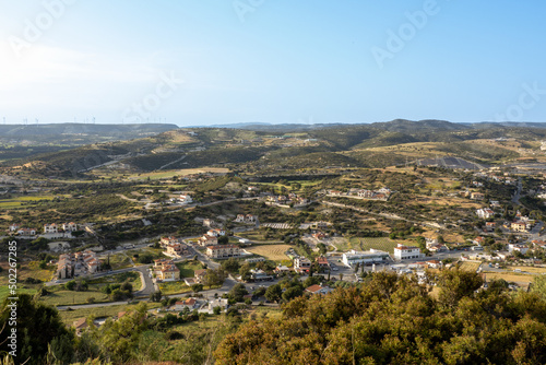 Panorama of the Cypriot mountains in the Pissouri area. View from the mountain to the villages, houses and roads. photo