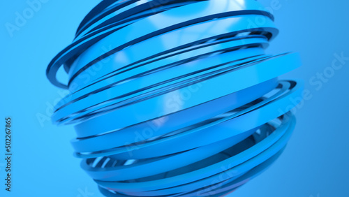 Blue glossy sphere sliced on a disc and ring shape. Selective focus with reflections. 3d rendering abstract background