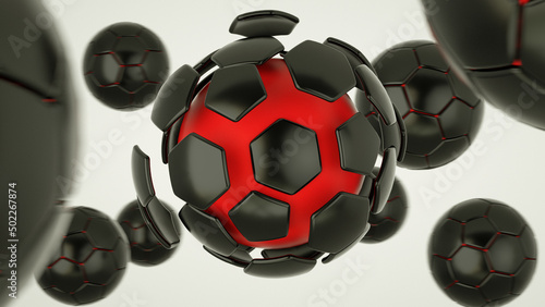 Hot soccer ball red core. Hexagonal exploded segments of football sphere. 3d rendering