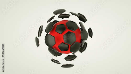 Red soccer ball fractured and separated on many hexagonal pieces. 3d rendering