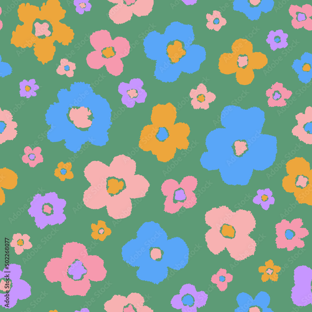 Retro flower power seamless repeat pattern. Multicolored, distracted vector ditsy daisy all over surface print on sage green background.