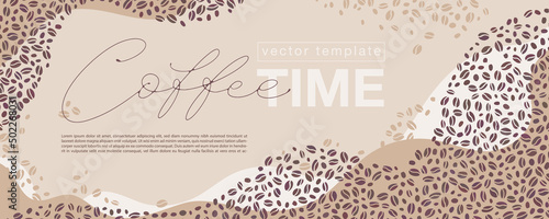Hand drawn horizontal banner for marketing campaign, advertising, promotions. Colored coffee beans and Coffee time lettering in the center with text boxes.