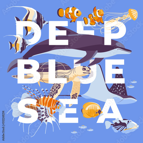 Inhabitants of the underwater sea world, elements of flora and fauna float on a text background. Dolphin, sea turtle, coral fish, elf, coral. flat vector illustration.