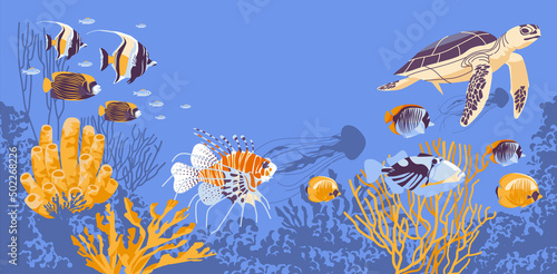 Inhabitants of the underwater marine world, elements of flora and fauna Sea turtle, coral fish, elf, coral. flat vector illustration.