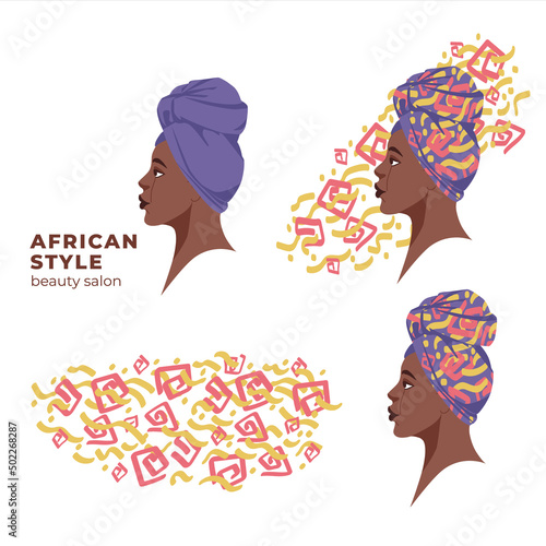 dark-skinned african american in a handkerchief with a print. Portrait, logo for beauty salons. Traditional african ethnic style