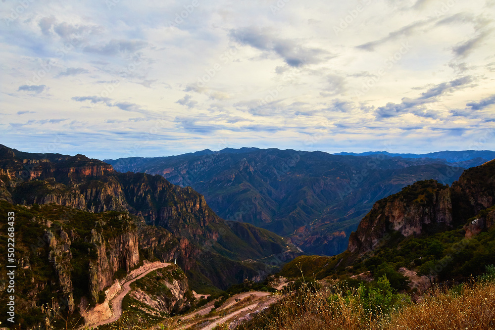 beautiful canyon at sunset with mountains in the background in sierra madre occidental in guachochi chihuahua 