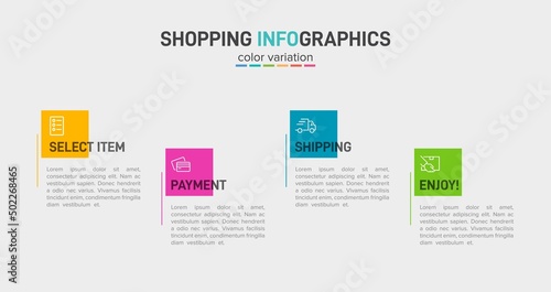 Concept of shopping process with 4 successive steps. Four colorful graphic elements. Timeline design for brochure, presentation, web site. Infographic design layout.
