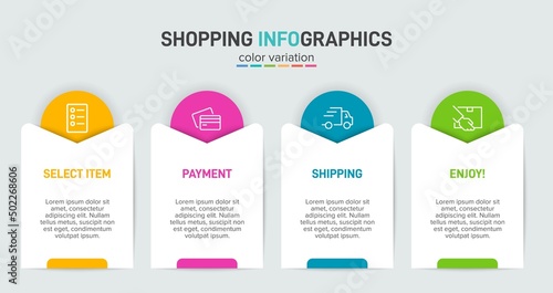 Concept of shopping process with 4 successive steps. Four colorful graphic elements. Timeline design for brochure, presentation, web site. Infographic design layout.