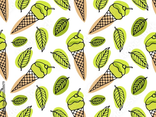 Seamless pattern with Matcha green Tea Ice Cream. Ice Cream repeated Vector illustration. Frozen Food template for cafe, restaurant menu, textile, wallpaper, scrapbooking, wrapping paper.
