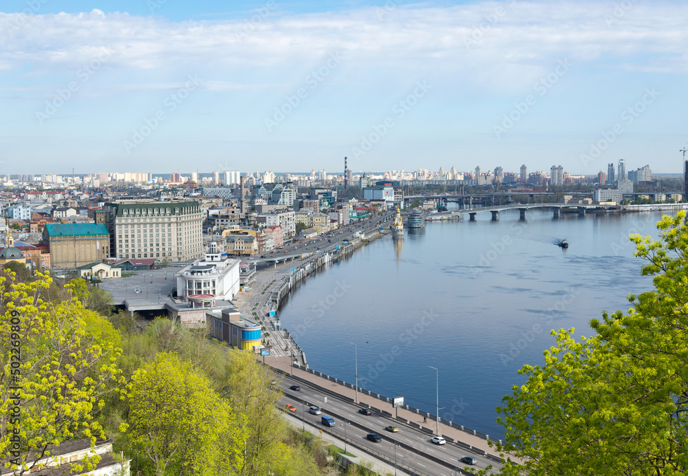 River Dnipro and Podil district Kyiv Ukraine springtime