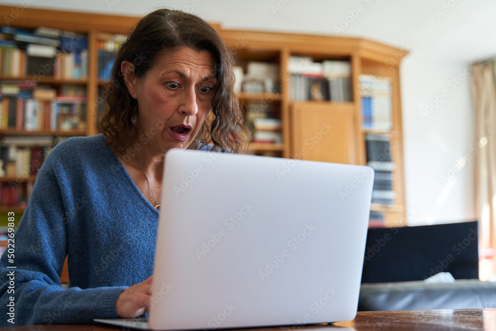 Stock market crash concept. Mature woman worried looking at laptop Stock market crash concept. Mature woman worried looking at laptop