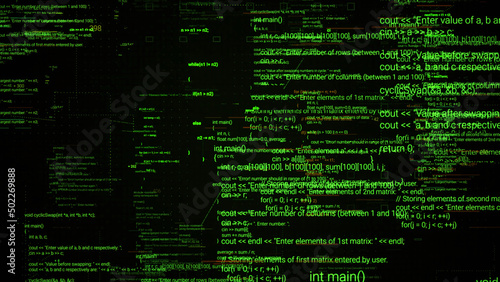Abstract computer monitor with moving symbols. Animation. Green linux terminal commands on black background, conept of operating systems and technologies. photo