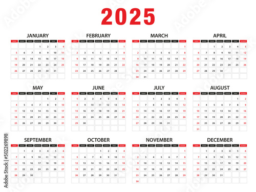 2025 Calendar year vector illustration. week starts on Sunday, Simple planner design template, desk calendar 2025 year, wall calendar 2025 template, print media, advertisement