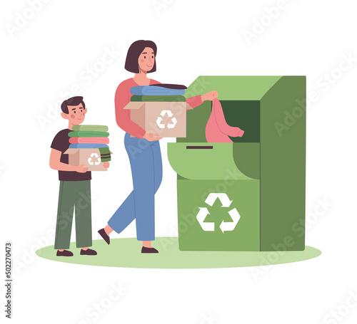 Mom and son donated their old clothes for recycling. Charity, donations to the needy and the homeless. Recyce of textiles. Raising a responsible attitude of a child to nature. Flat vector illustration