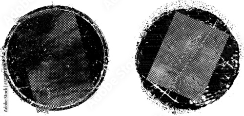 Glitch distorted circle shape . Noise destroyed logo . Trendy defect error shapes . Glitched frame .Grunge textured . Distressed effect .Vector shapes with a halftone dots screen print texture.