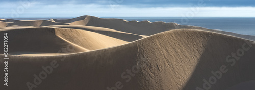 Fotografiet Namibia, the Namib desert, landscape of yellow dunes falling into the sea