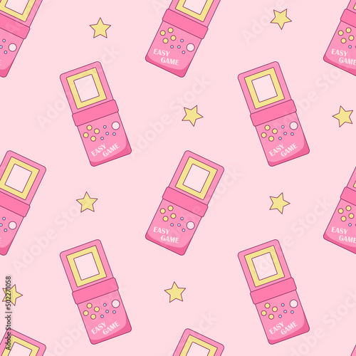 Pink retro electronic game seamless pattern. Vintage style pocket brick game vector illustration.