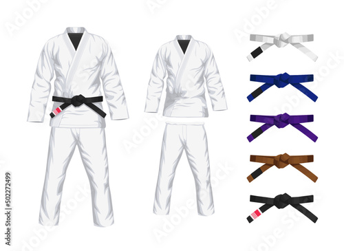 BJJ White Gi flat vector illustration. Kimono and pants with all belts  vector illustration in flat style. Brazilian Jiu-Jitsu kit. Isolated. on black background.	
 photo