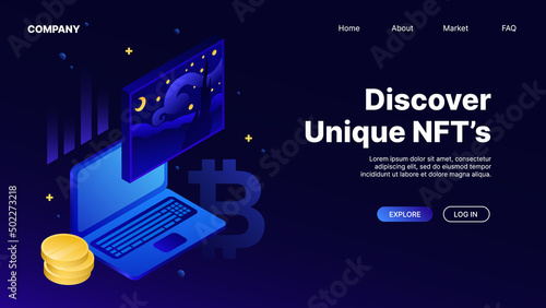 Blue Web Design Template, Landing page for NFT Selling Site. Vector illustration