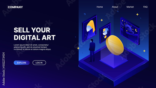 Marketplace for Digital Art. Landing Web Page for NFT Collections. Vector illustration