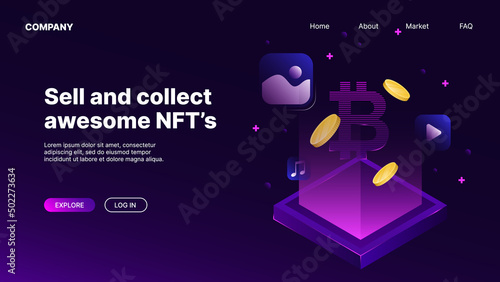 Isometric Web Design Template. Landing page for NFT Marketplace. Vector illustration