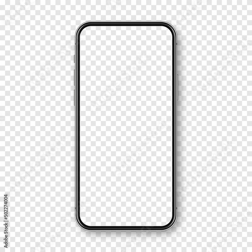 Realistic smartphone with blank touch screen on checkered background. Frameless mobile phone in front view. High quality detailed device mockup. Vector illustration.