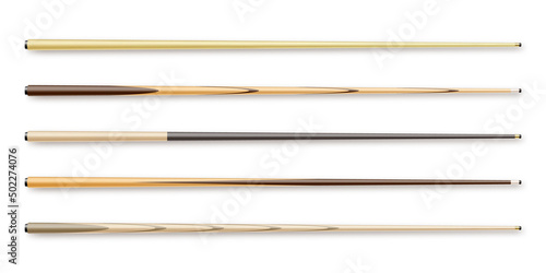 Various wooden billiard cues isolated on white background. Snooker sports equipment. Vintage pool cue. Active recreation and entertainment. Vector illustration