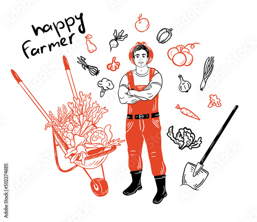 A young farmer stands with a shovel and a cart. Set of farm items and vegetables. Agriculture concept.Farming.Sketch in color.