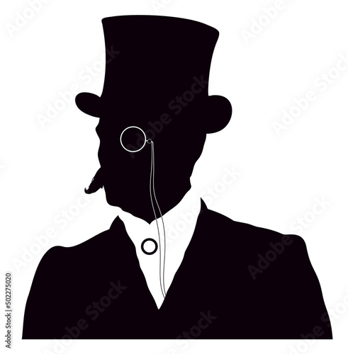 Silhouette portrait of elegant young man in victorian dress. Man in historical clothes with top hat and monocle. 