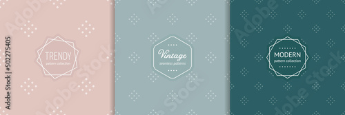 Vector minimalist seamless pattern collection with stylish modern labels. Trendy minimal cover designs. Abstract geometric floral texture. Soft pink, mint, teal color. Background design templates