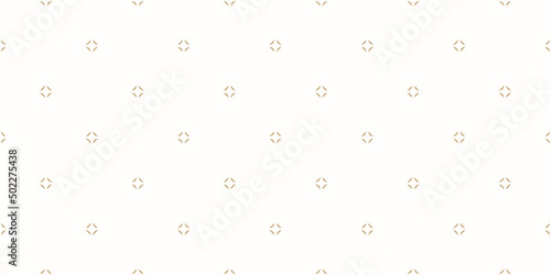 Vector golden minimal geometric seamless pattern. Subtle ornament with small floral silhouettes, tiny shapes. Simple abstract minimalist background. Gold and white texture. Elegant repeat geo design