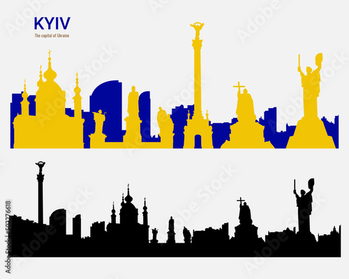 Silhouette of the city of Kyiv, the main monuments. Black silhouette and yellow-blue silhouette of Kyiv. Symbol of Kyiv. Vector illustration