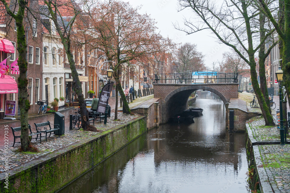 Edam Netherlands on December 12, 2021: cityscape in a rainy morning.