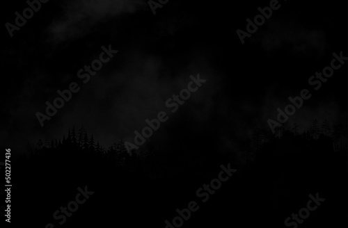 Very dark black mountain forest at night. Halloween spooky horror woods with no lights and stormy sky above. Vector silhouette illustration with no moon and stars on the sky