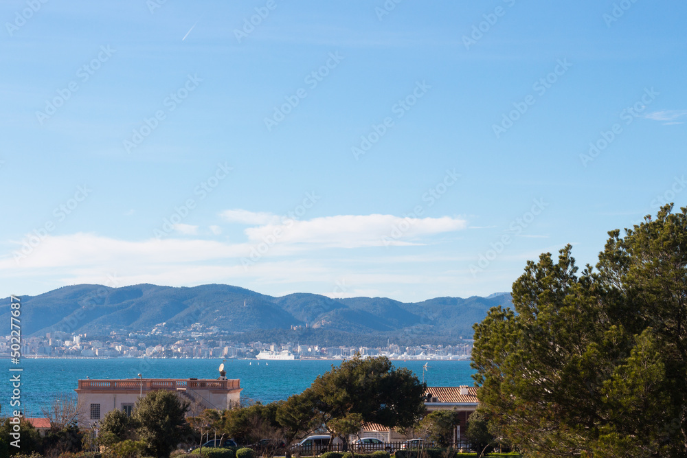 Panoramic view of Mediterranean sea at Coll den Rabassa, Majorca, Spain.