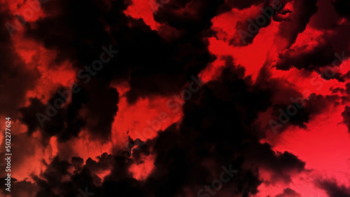 Black clouds on background colored starry sky. Animation. Abstract pumping sky with passing black clouds on red sky background. Stars in red sky with clouds